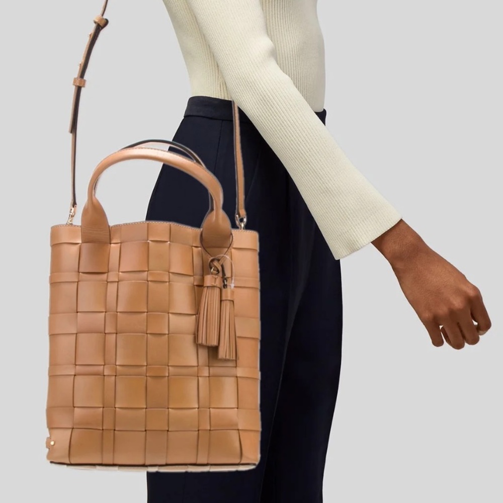Michael Kors Tan Camel Woven Vivian Bucket Crossbody Bag
